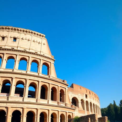 Il Colosseo a Roma, Lazio, con il cielo azzurro sullo sfondo.