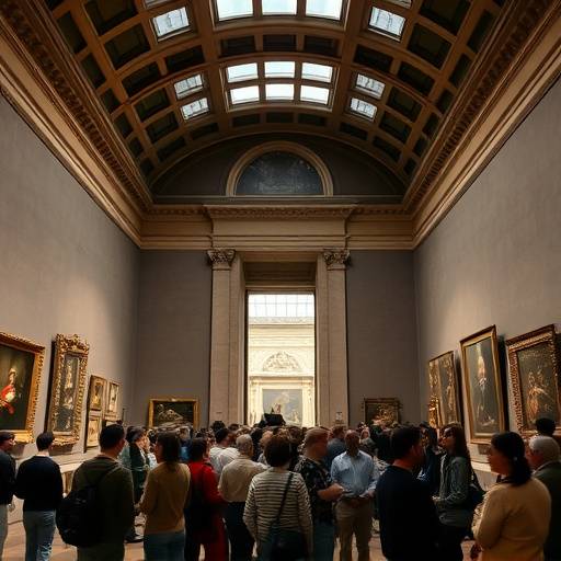 Interno della Galleria degli Uffizi a Firenze, con visitatori che ammirano i dipinti