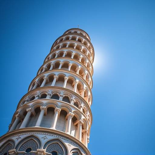 La Torre di Pisa vista dal basso, mostrando la sua inclinazione caratteristica