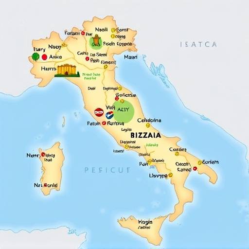 Mappa interattiva dell'Italia che mostra le diverse regioni e le attrazioni turistiche.