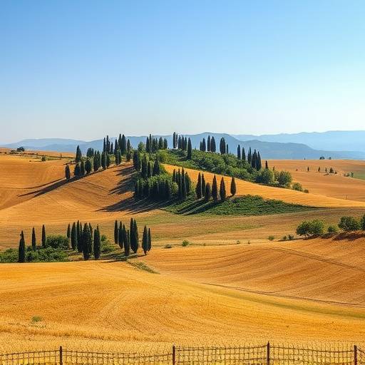 Paesaggio collinare della Val d'Orcia, Toscana, con cipressi e campi dorati.