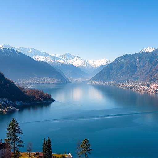 Panorama del Lago di Como, Lombardia, con montagne innevate sullo sfondo.