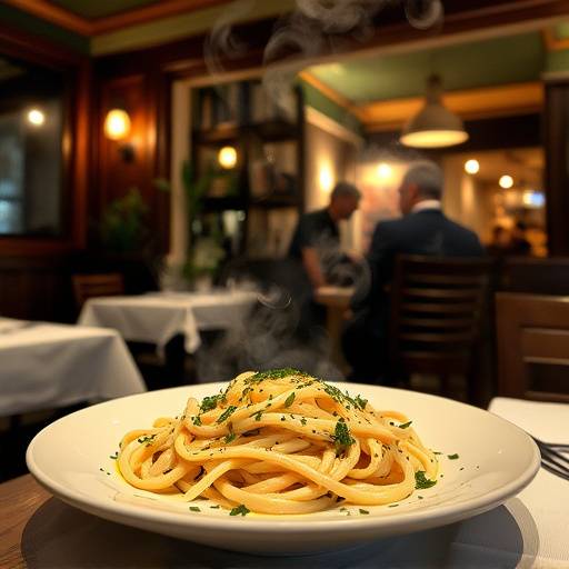 Un piatto di pasta cacio e pepe fumante in un ristorante tipico romano.