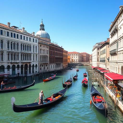 Veduta del Canal Grande a Venezia, Veneto, con gondole e palazzi storici.