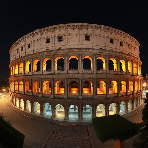 Veduta panoramica del Colosseo illuminato di notte