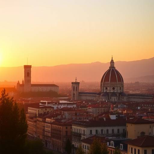 Vista panoramica di Firenze al tramonto, con il Duomo in primo piano.